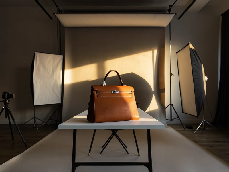 Illustration eines leeren Fotostudios mit Hintergrundpapier, Produkttisch, Softboxen und Kamera auf Stativ