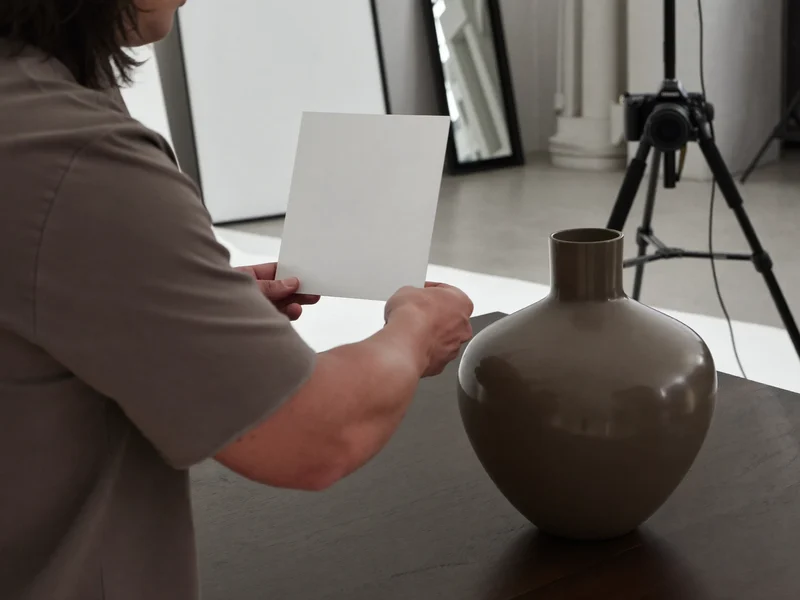 Illustration: Hände justieren eine Reflektorkarte neben einem Produkt, Kamera auf Stativ im Hintergrund